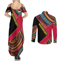 Mozambique Couples Matching Summer Maxi Dress and Long Sleeve Button Shirt with Red Black Geometric Design and Tribal Pattern - Wonder Print Shop