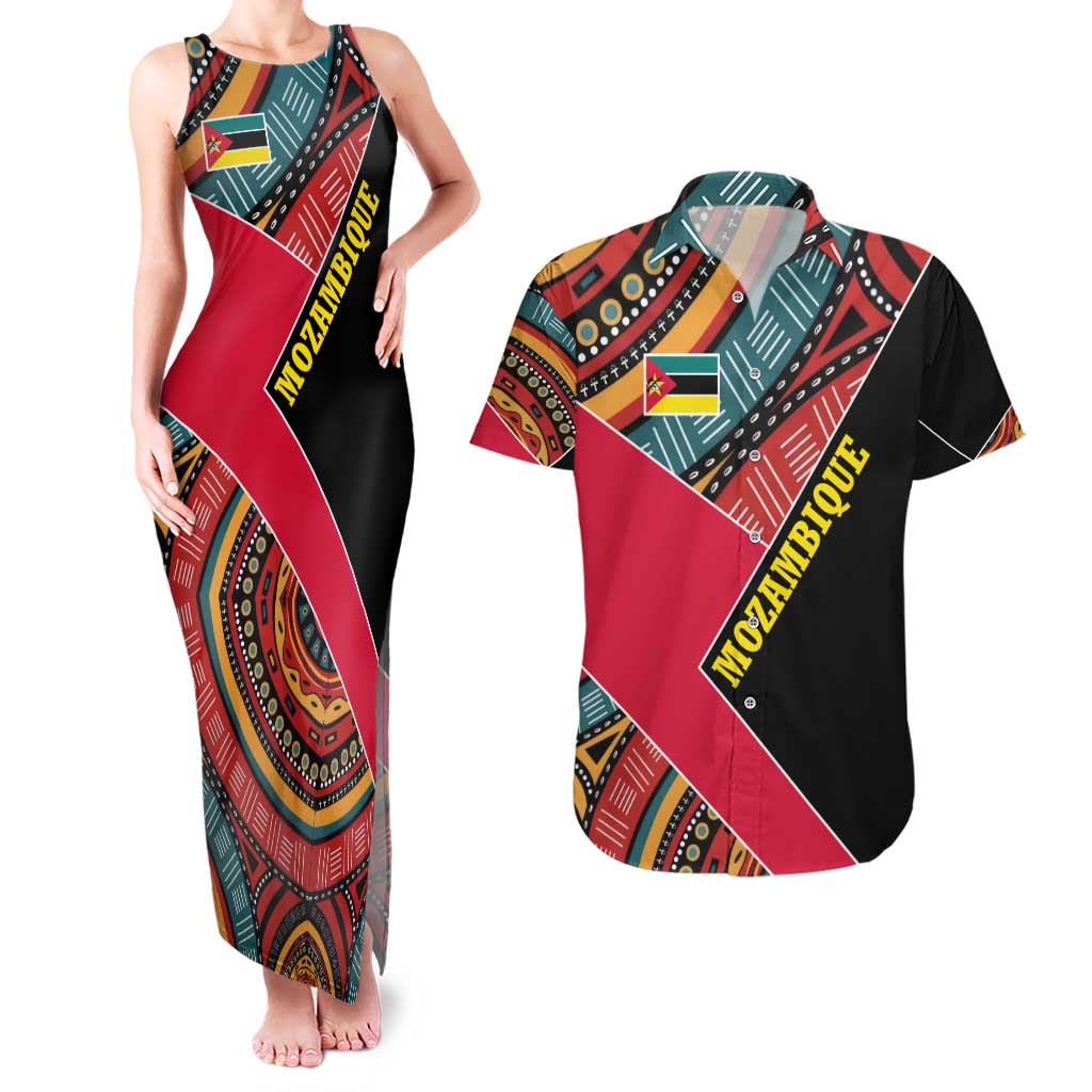 Mozambique Couples Matching Tank Maxi Dress and Hawaiian Shirt with Red Black Geometric Design and Tribal Pattern - Wonder Print Shop