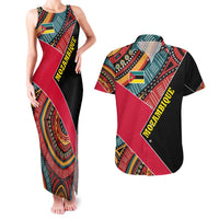 Mozambique Couples Matching Tank Maxi Dress and Hawaiian Shirt with Red Black Geometric Design and Tribal Pattern - Wonder Print Shop