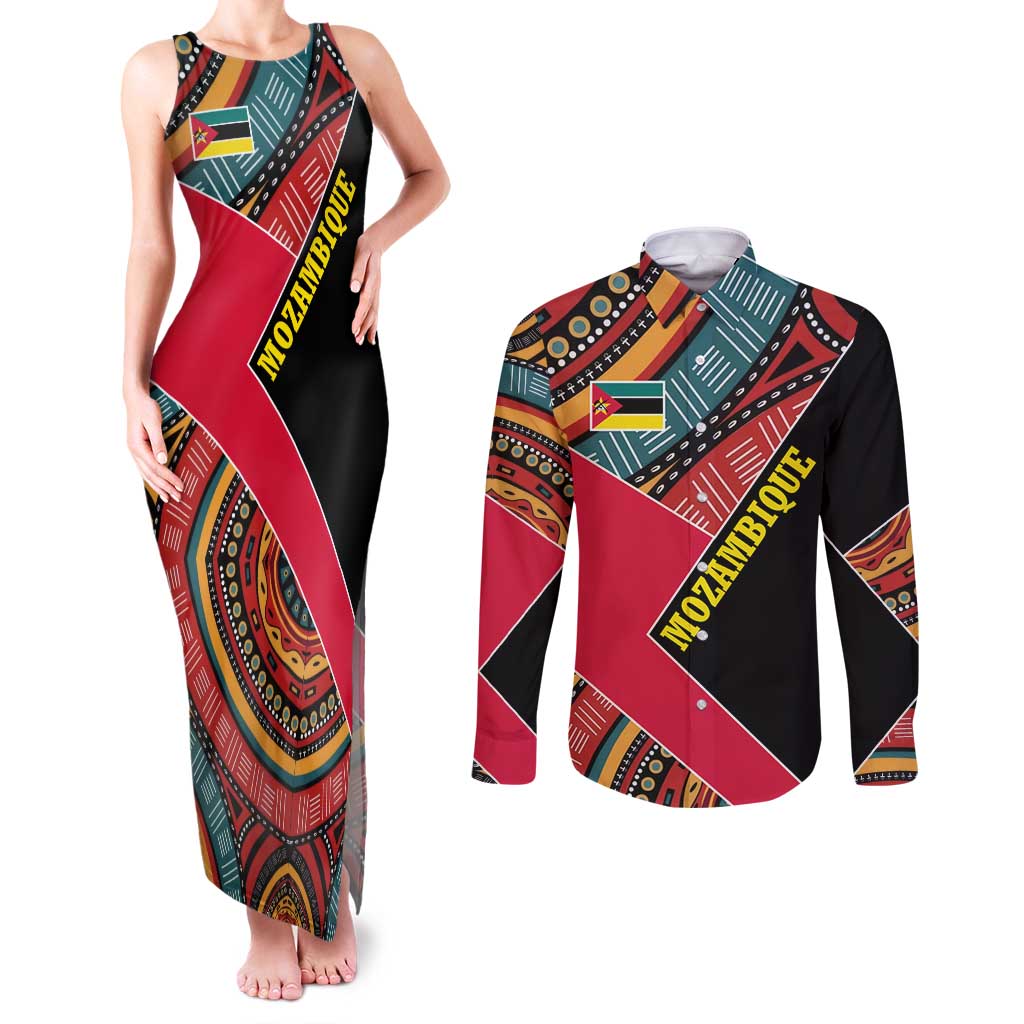 Mozambique Couples Matching Tank Maxi Dress and Long Sleeve Button Shirt with Red Black Geometric Design and Tribal Pattern - Wonder Print Shop