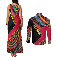 Mozambique Couples Matching Tank Maxi Dress and Long Sleeve Button Shirt with Red Black Geometric Design and Tribal Pattern - Wonder Print Shop