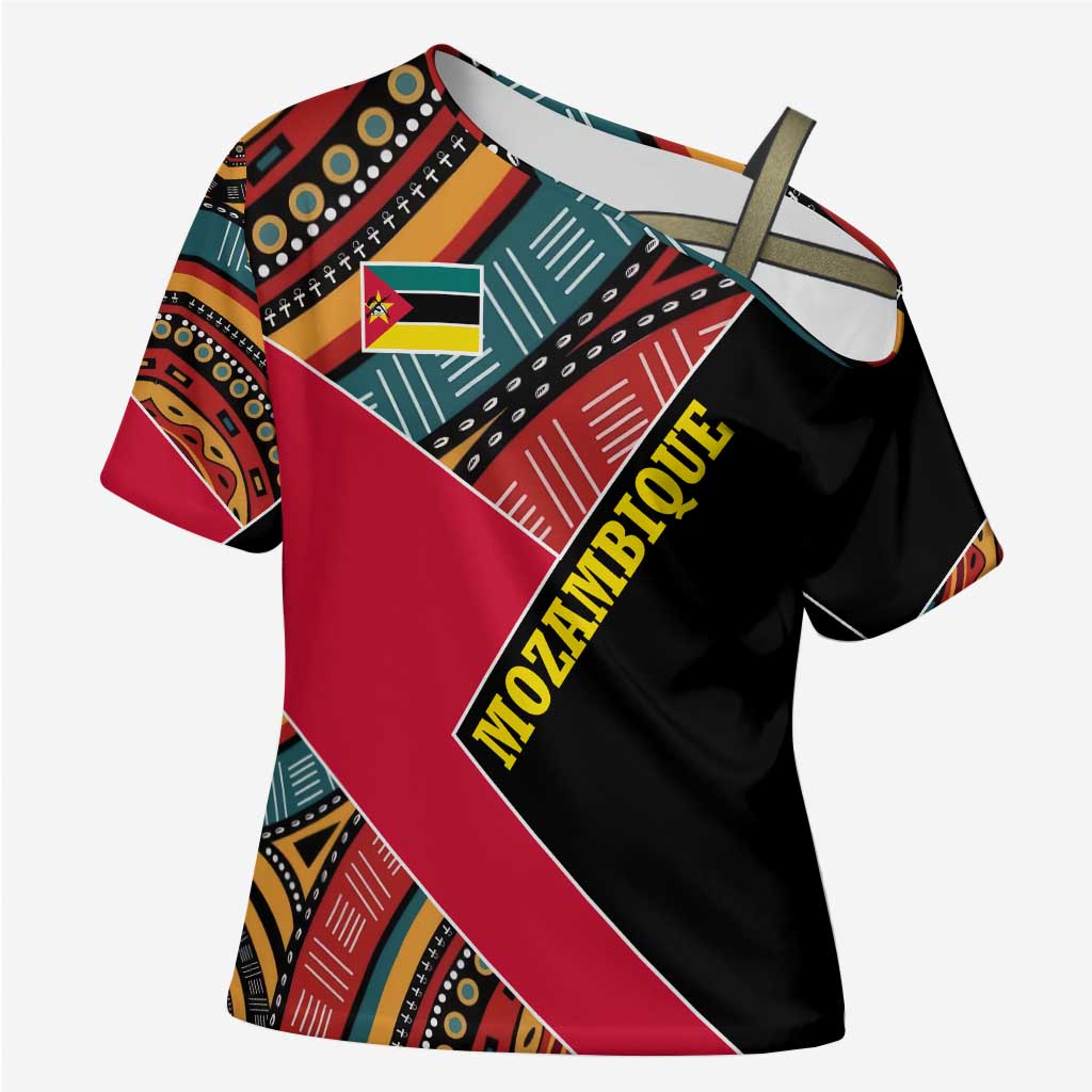 Mozambique Cross Shoulder Shirt with Red Black Geometric Design and Tribal Pattern - Wonder Print Shop