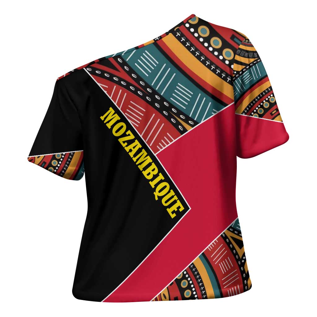 Mozambique Cross Shoulder Shirt with Red Black Geometric Design and Tribal Pattern - Wonder Print Shop