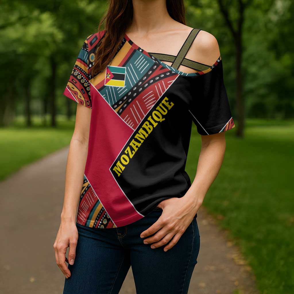 Mozambique Cross Shoulder Shirt with Red Black Geometric Design and Tribal Pattern - Wonder Print Shop