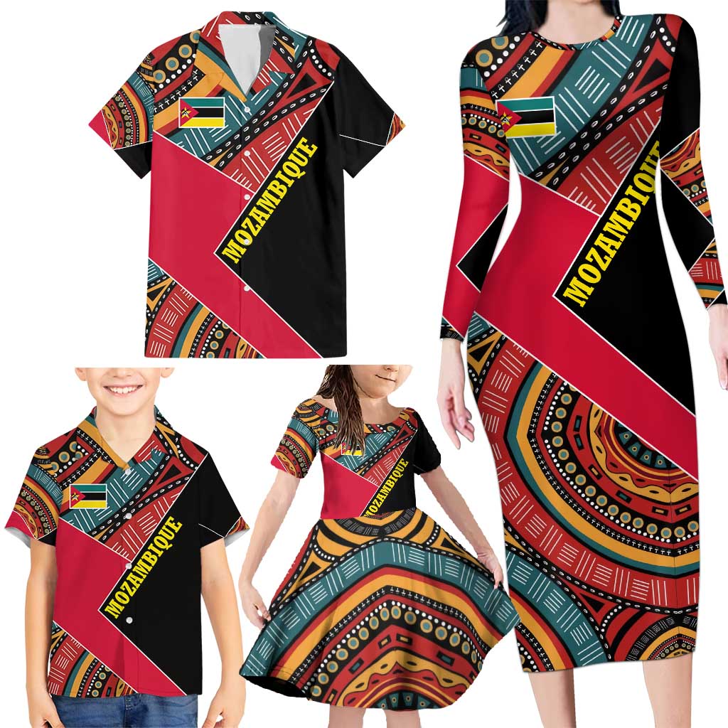 Mozambique Family Matching Long Sleeve Bodycon Dress and Hawaiian Shirt with Red Black Geometric Design and Tribal Pattern - Wonder Print Shop