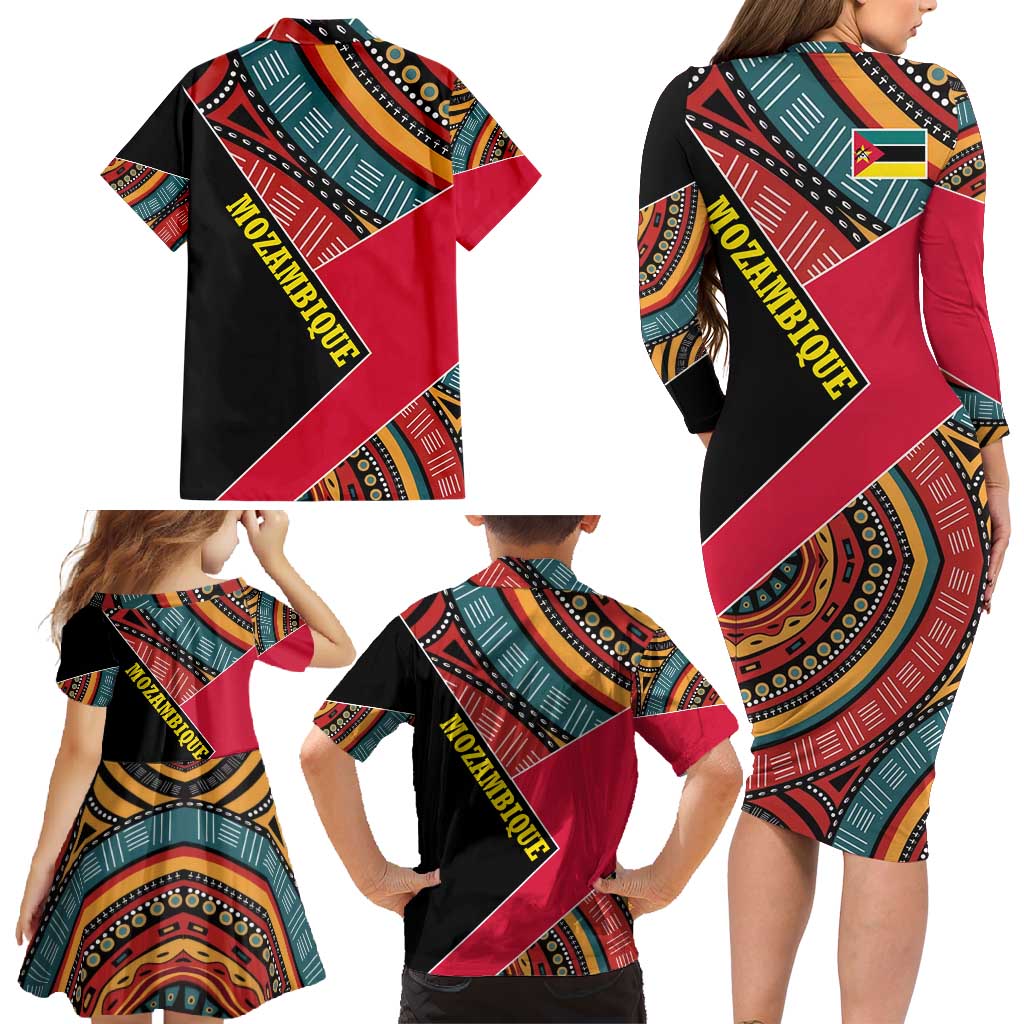 Mozambique Family Matching Long Sleeve Bodycon Dress and Hawaiian Shirt with Red Black Geometric Design and Tribal Pattern - Wonder Print Shop