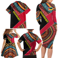 Mozambique Family Matching Long Sleeve Bodycon Dress and Hawaiian Shirt with Red Black Geometric Design and Tribal Pattern - Wonder Print Shop