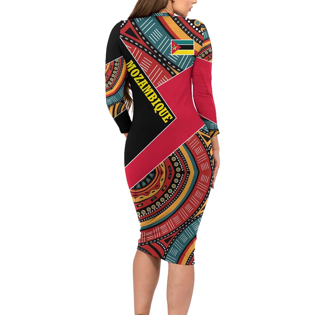 Mozambique Family Matching Long Sleeve Bodycon Dress and Hawaiian Shirt with Red Black Geometric Design and Tribal Pattern - Wonder Print Shop