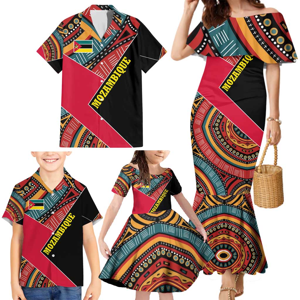 Mozambique Family Matching Mermaid Dress and Hawaiian Shirt with Red Black Geometric Design and Tribal Pattern - Wonder Print Shop