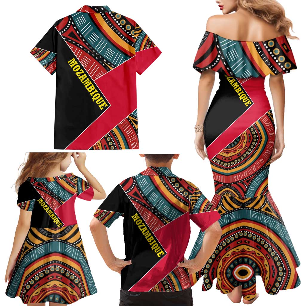 Mozambique Family Matching Mermaid Dress and Hawaiian Shirt with Red Black Geometric Design and Tribal Pattern - Wonder Print Shop