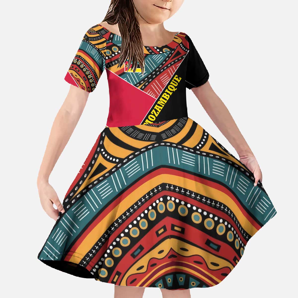 Mozambique Family Matching Off The Shoulder Long Sleeve Dress and Hawaiian Shirt with Red Black Geometric Design and Tribal Pattern - Wonder Print Shop