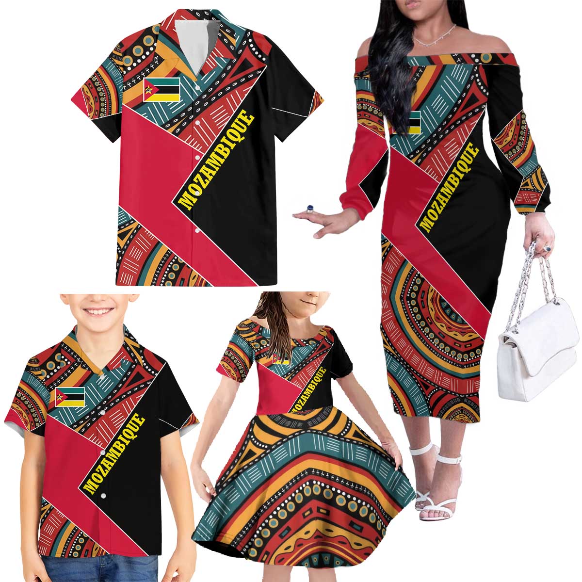 Mozambique Family Matching Off The Shoulder Long Sleeve Dress and Hawaiian Shirt with Red Black Geometric Design and Tribal Pattern - Wonder Print Shop