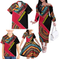 Mozambique Family Matching Off The Shoulder Long Sleeve Dress and Hawaiian Shirt with Red Black Geometric Design and Tribal Pattern - Wonder Print Shop