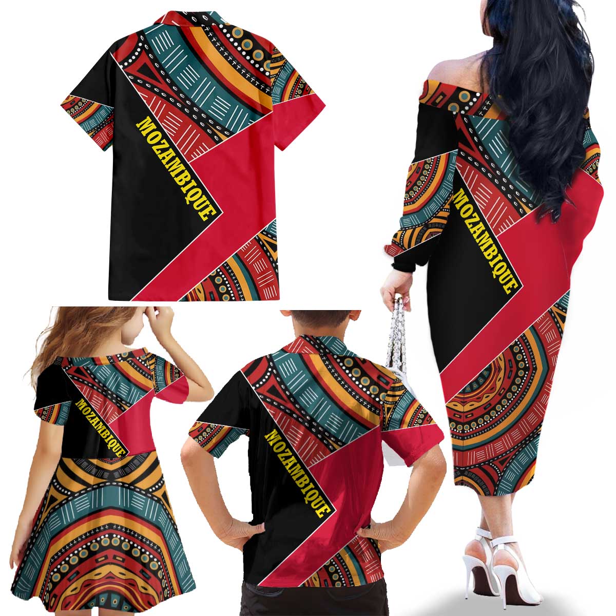 Mozambique Family Matching Off The Shoulder Long Sleeve Dress and Hawaiian Shirt with Red Black Geometric Design and Tribal Pattern - Wonder Print Shop
