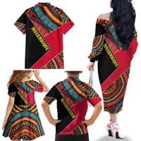Mozambique Family Matching Off The Shoulder Long Sleeve Dress and Hawaiian Shirt with Red Black Geometric Design and Tribal Pattern - Wonder Print Shop