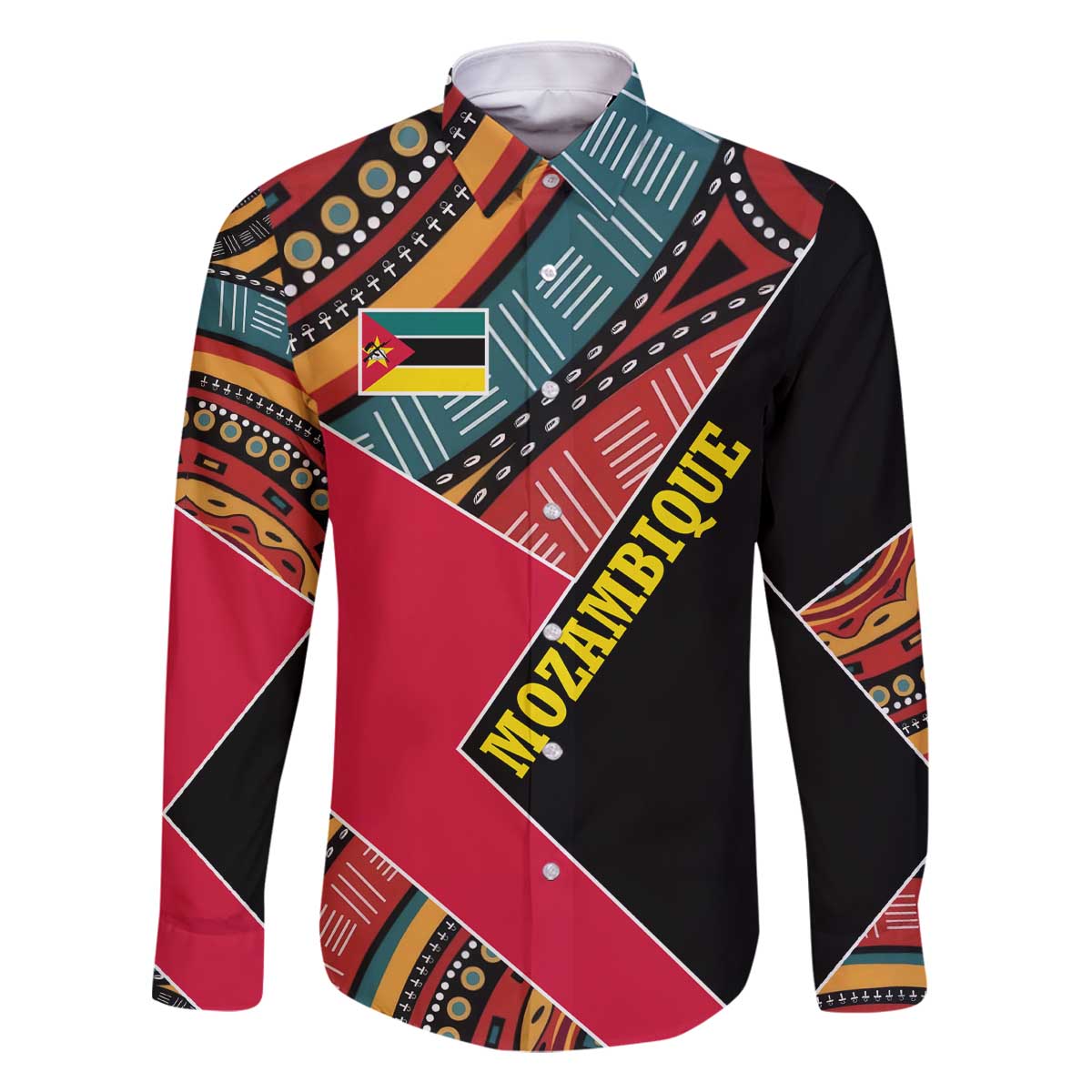 Mozambique Family Matching Off The Shoulder Long Sleeve Dress and Hawaiian Shirt with Red Black Geometric Design and Tribal Pattern - Wonder Print Shop