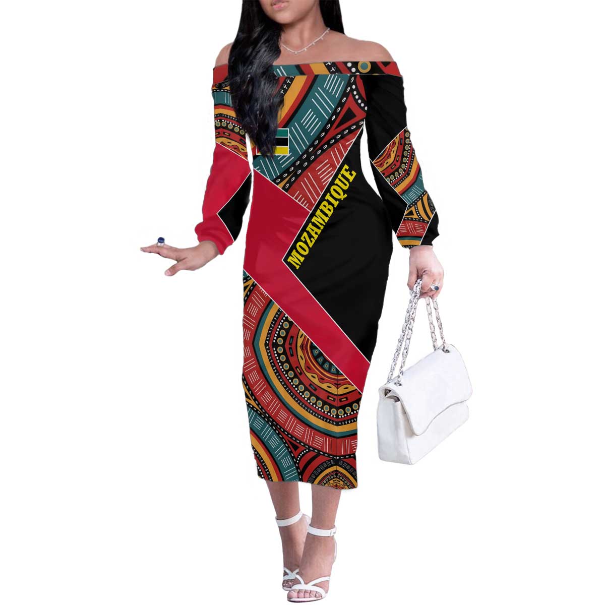 Mozambique Family Matching Off The Shoulder Long Sleeve Dress and Hawaiian Shirt with Red Black Geometric Design and Tribal Pattern - Wonder Print Shop