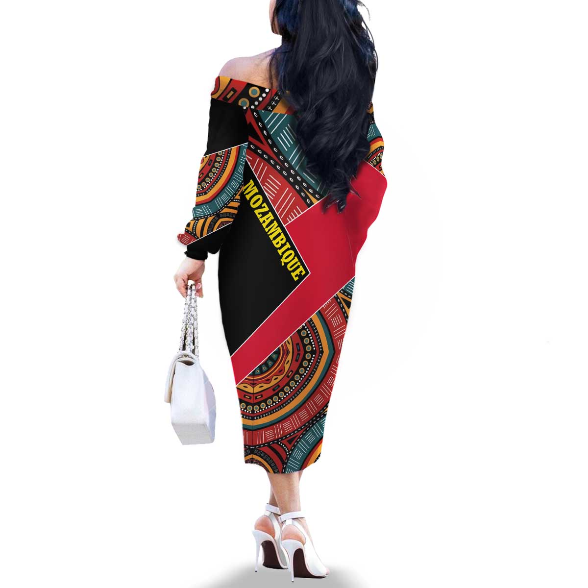 Mozambique Family Matching Off The Shoulder Long Sleeve Dress and Hawaiian Shirt with Red Black Geometric Design and Tribal Pattern - Wonder Print Shop