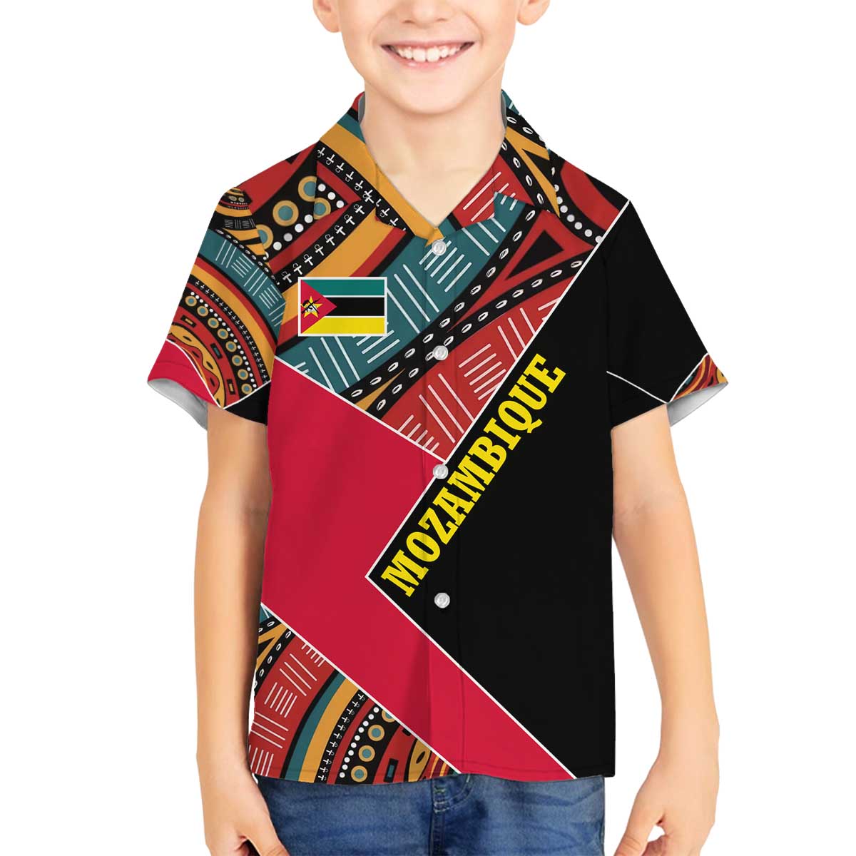 Mozambique Family Matching Off The Shoulder Long Sleeve Dress and Hawaiian Shirt with Red Black Geometric Design and Tribal Pattern - Wonder Print Shop