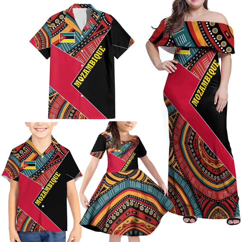 Mozambique Family Matching Off Shoulder Maxi Dress and Hawaiian Shirt with Red Black Geometric Design and Tribal Pattern - Wonder Print Shop