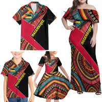Mozambique Family Matching Off Shoulder Maxi Dress and Hawaiian Shirt with Red Black Geometric Design and Tribal Pattern - Wonder Print Shop