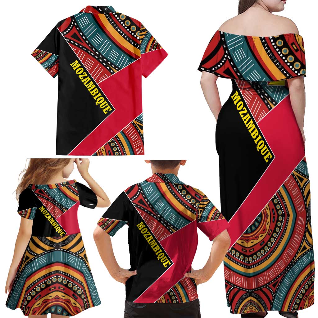 Mozambique Family Matching Off Shoulder Maxi Dress and Hawaiian Shirt with Red Black Geometric Design and Tribal Pattern - Wonder Print Shop