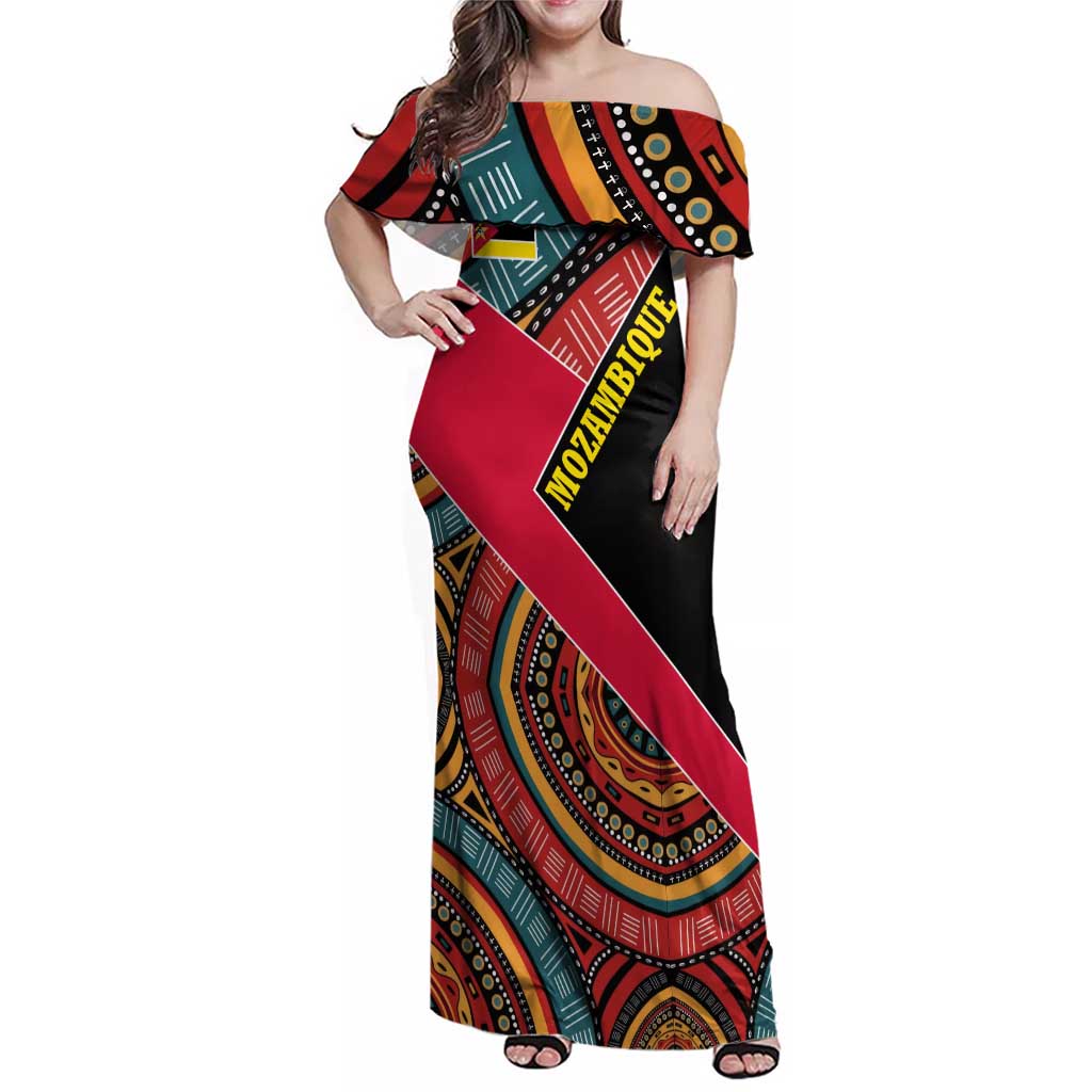 Mozambique Family Matching Off Shoulder Maxi Dress and Hawaiian Shirt with Red Black Geometric Design and Tribal Pattern - Wonder Print Shop