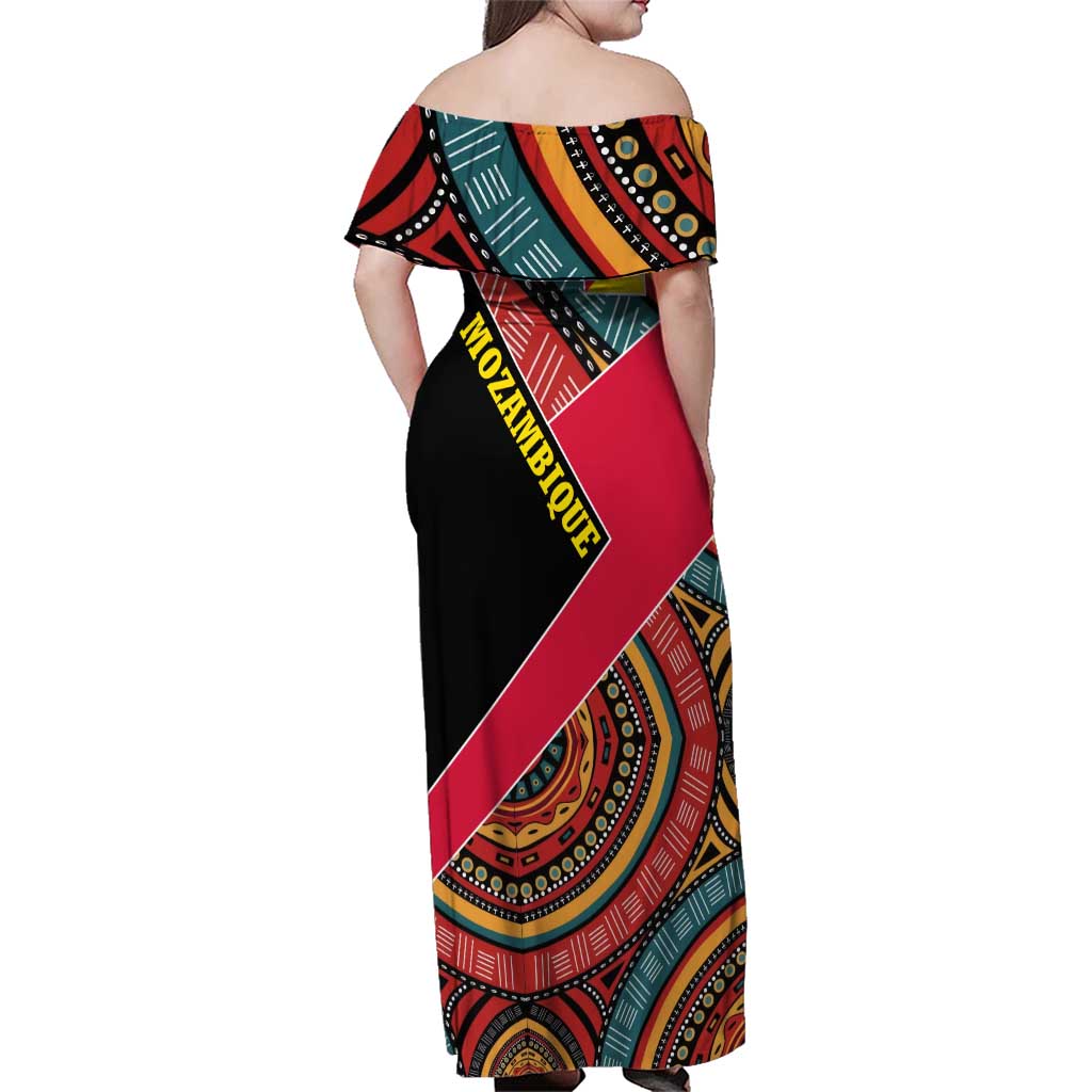 Mozambique Family Matching Off Shoulder Maxi Dress and Hawaiian Shirt with Red Black Geometric Design and Tribal Pattern - Wonder Print Shop