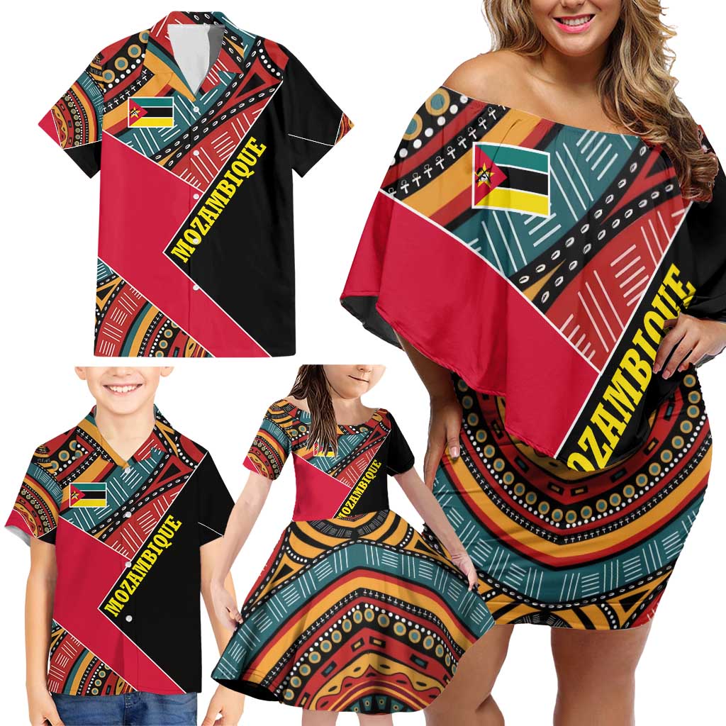 Mozambique Family Matching Off Shoulder Short Dress and Hawaiian Shirt with Red Black Geometric Design and Tribal Pattern - Wonder Print Shop