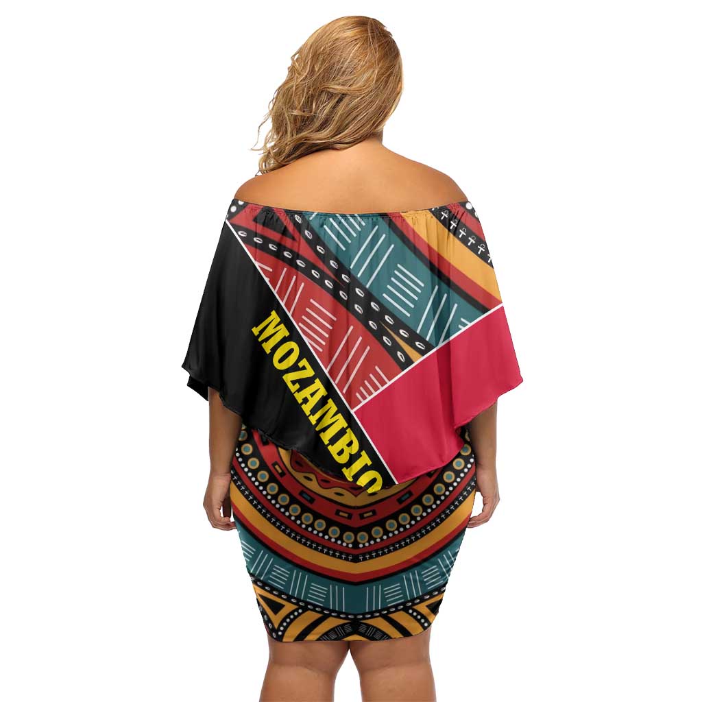 Mozambique Family Matching Off Shoulder Short Dress and Hawaiian Shirt with Red Black Geometric Design and Tribal Pattern - Wonder Print Shop