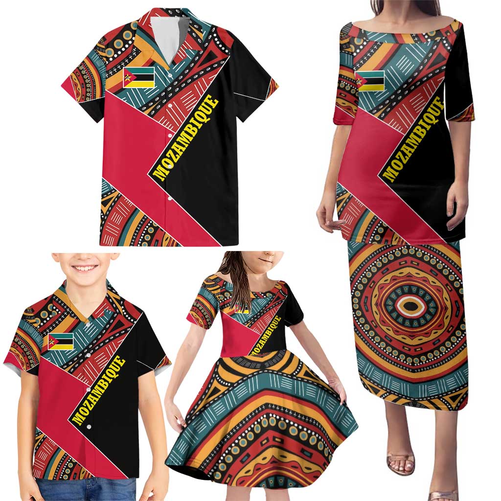 Mozambique Family Matching Puletasi and Hawaiian Shirt with Red Black Geometric Design and Tribal Pattern - Wonder Print Shop