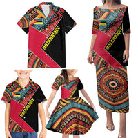 Mozambique Family Matching Puletasi and Hawaiian Shirt with Red Black Geometric Design and Tribal Pattern - Wonder Print Shop