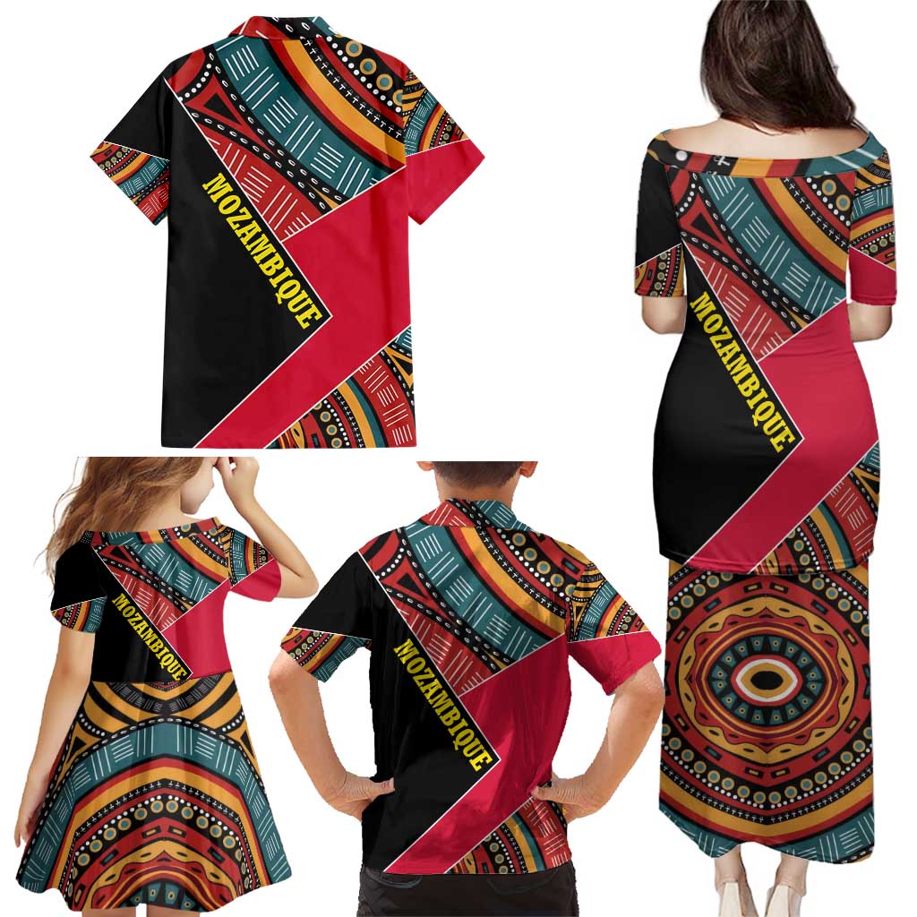 Mozambique Family Matching Puletasi and Hawaiian Shirt with Red Black Geometric Design and Tribal Pattern - Wonder Print Shop