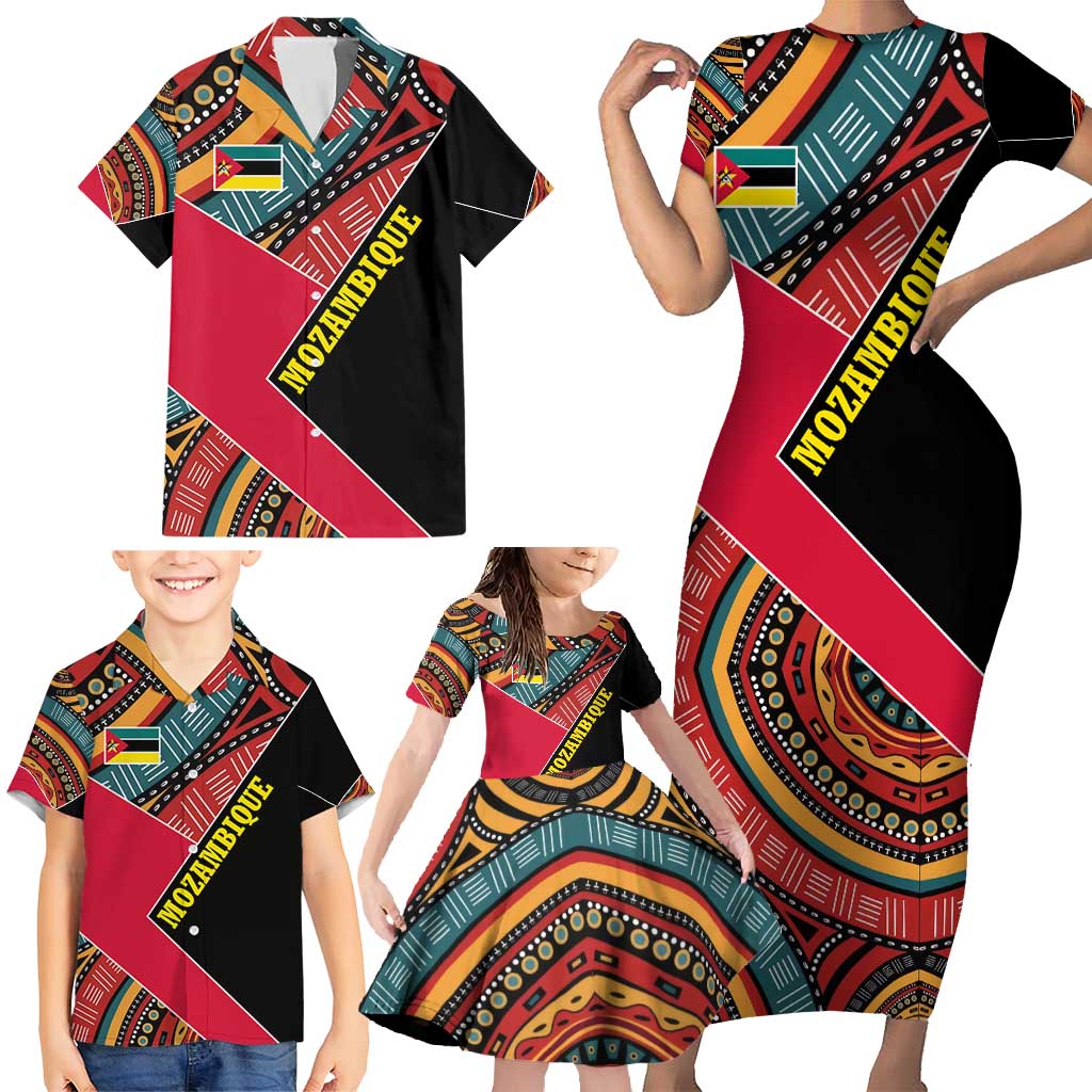 Mozambique Family Matching Short Sleeve Bodycon Dress and Hawaiian Shirt with Red Black Geometric Design and Tribal Pattern - Wonder Print Shop