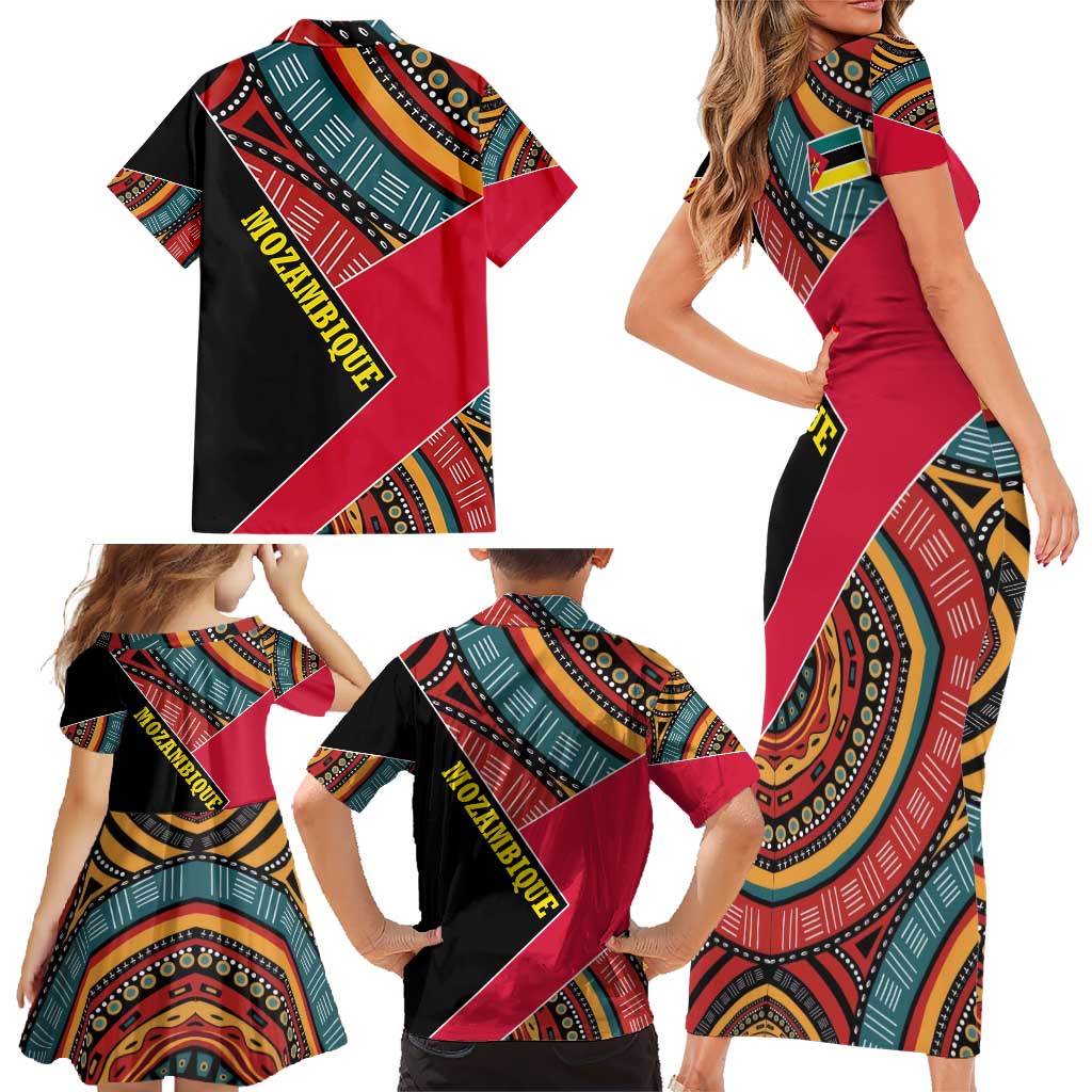 Mozambique Family Matching Short Sleeve Bodycon Dress and Hawaiian Shirt with Red Black Geometric Design and Tribal Pattern - Wonder Print Shop