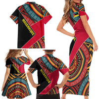 Mozambique Family Matching Short Sleeve Bodycon Dress and Hawaiian Shirt with Red Black Geometric Design and Tribal Pattern - Wonder Print Shop