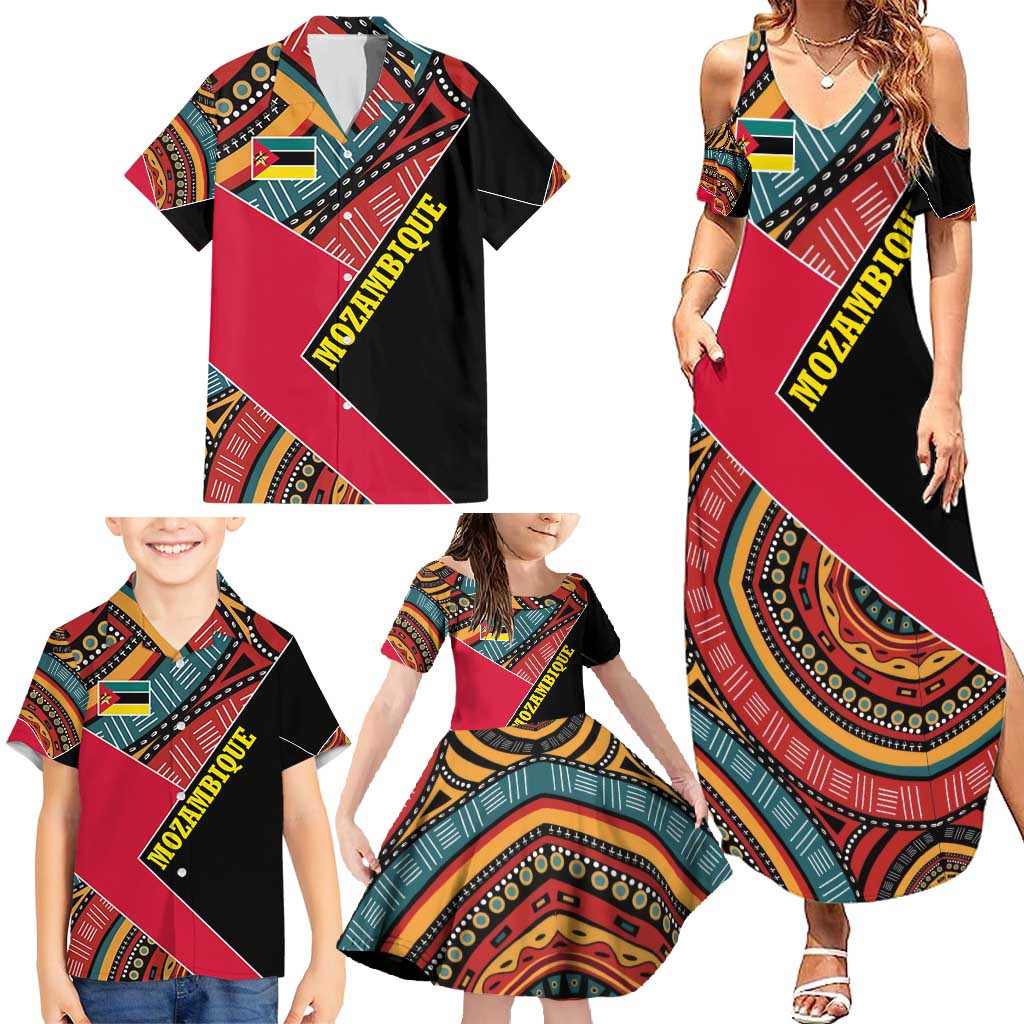 Mozambique Family Matching Summer Maxi Dress and Hawaiian Shirt with Red Black Geometric Design and Tribal Pattern - Wonder Print Shop