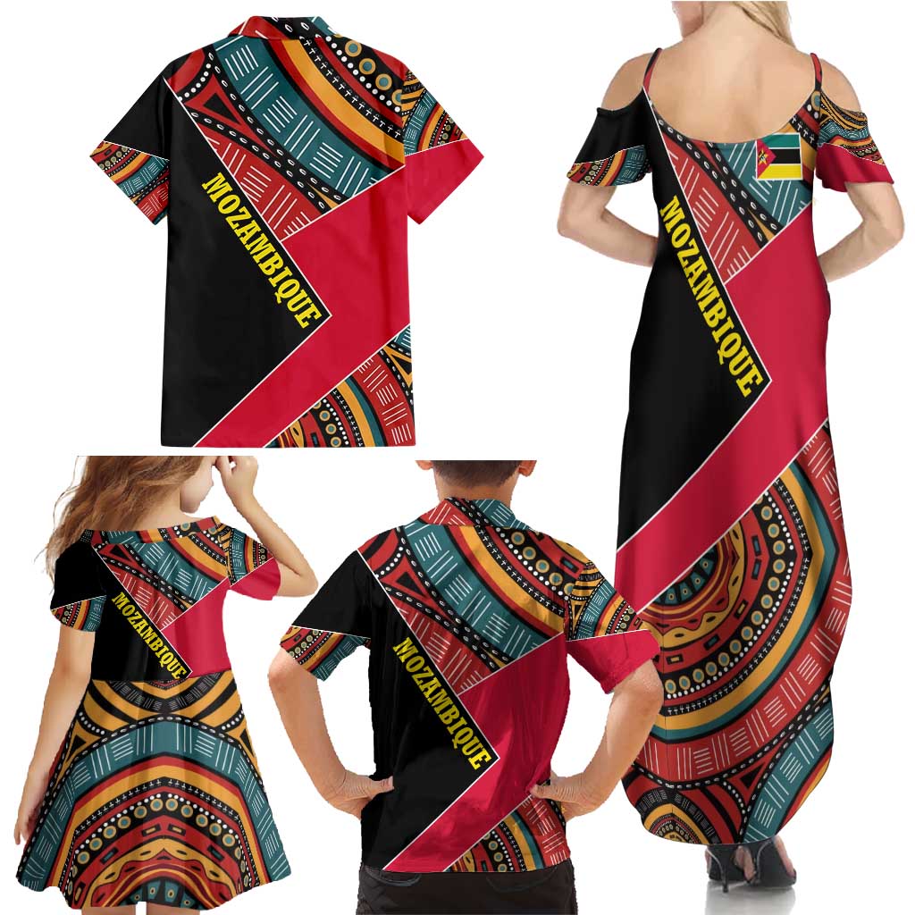 Mozambique Family Matching Summer Maxi Dress and Hawaiian Shirt with Red Black Geometric Design and Tribal Pattern - Wonder Print Shop
