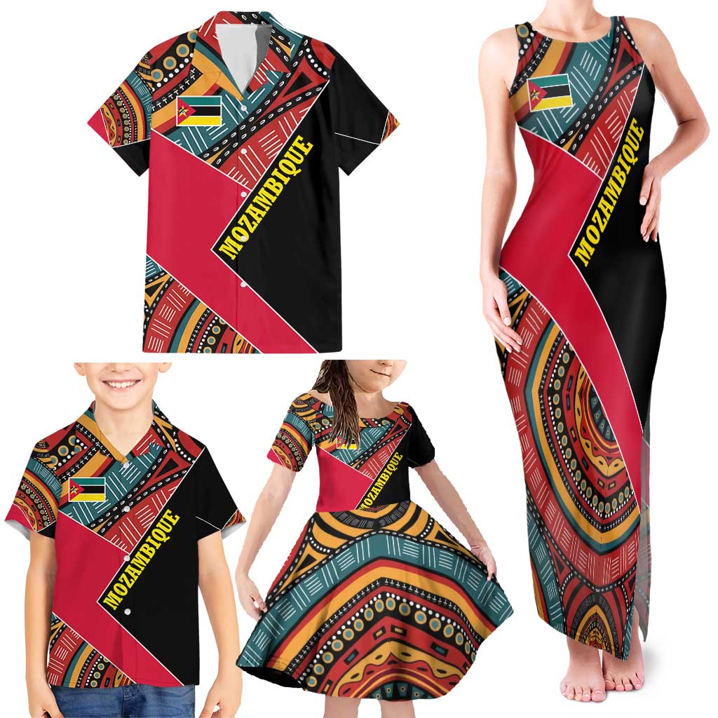 Mozambique Family Matching Tank Maxi Dress and Hawaiian Shirt with Red Black Geometric Design and Tribal Pattern - Wonder Print Shop