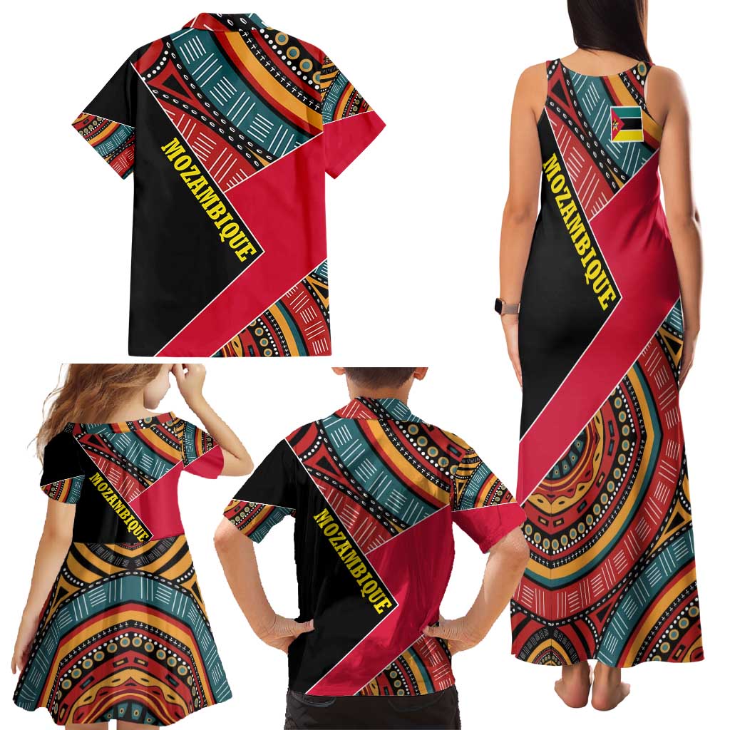 Mozambique Family Matching Tank Maxi Dress and Hawaiian Shirt with Red Black Geometric Design and Tribal Pattern - Wonder Print Shop