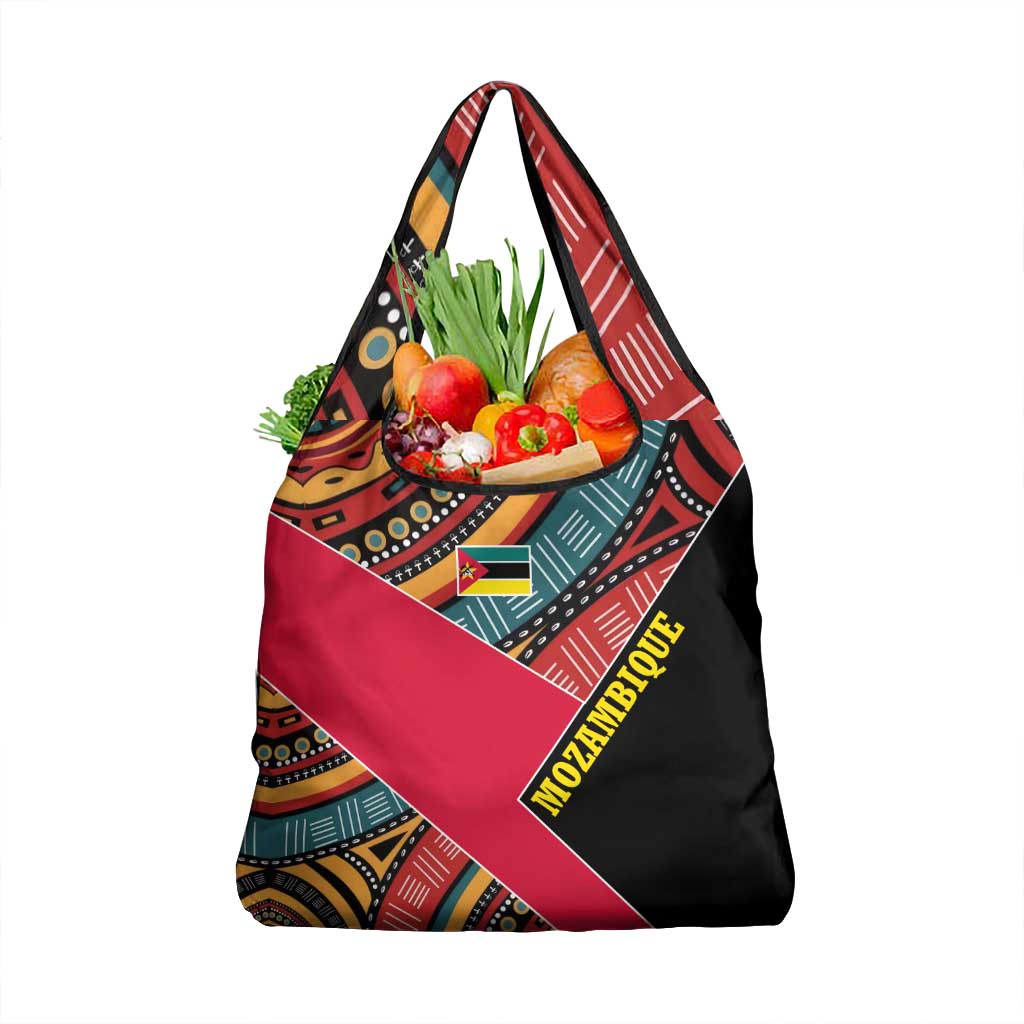 Mozambique Grocery Bag with Red Black Geometric Design and Tribal Pattern - Wonder Print Shop