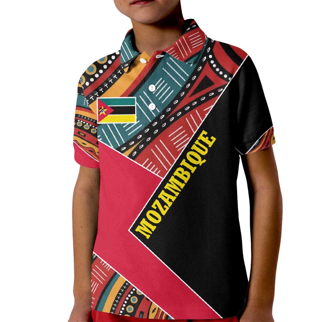 Mozambique Kid Polo Shirt with Red Black Geometric Design and Tribal Pattern - Wonder Print Shop