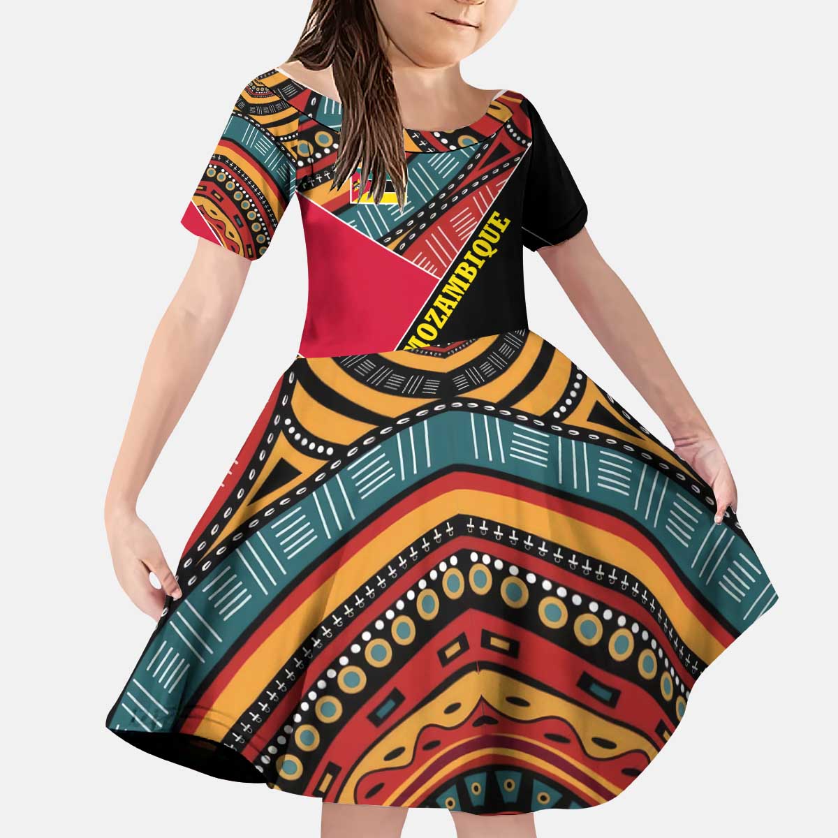 Mozambique Kid Short Sleeve Dress with Red Black Geometric Design and Tribal Pattern - Wonder Print Shop