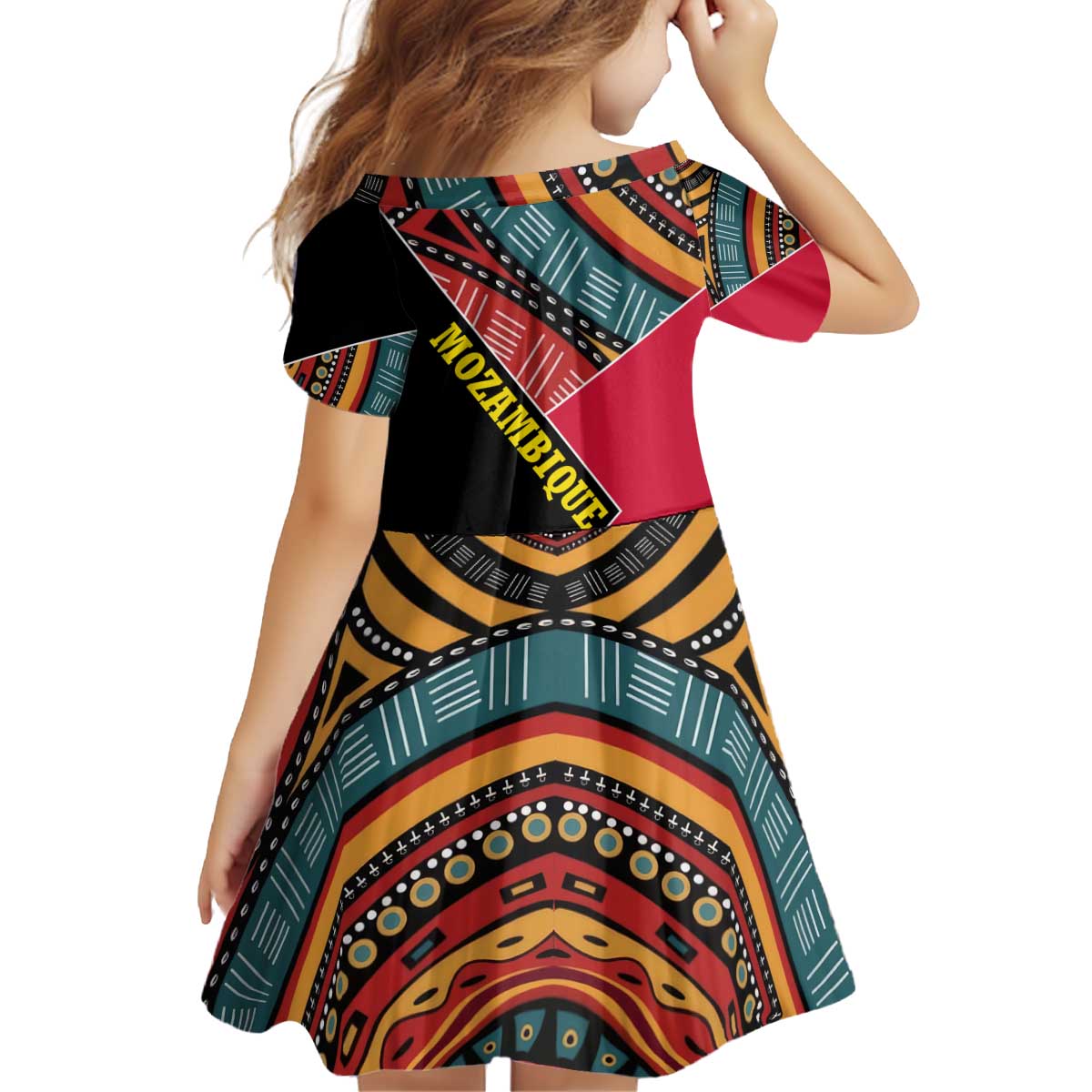 Mozambique Kid Short Sleeve Dress with Red Black Geometric Design and Tribal Pattern - Wonder Print Shop