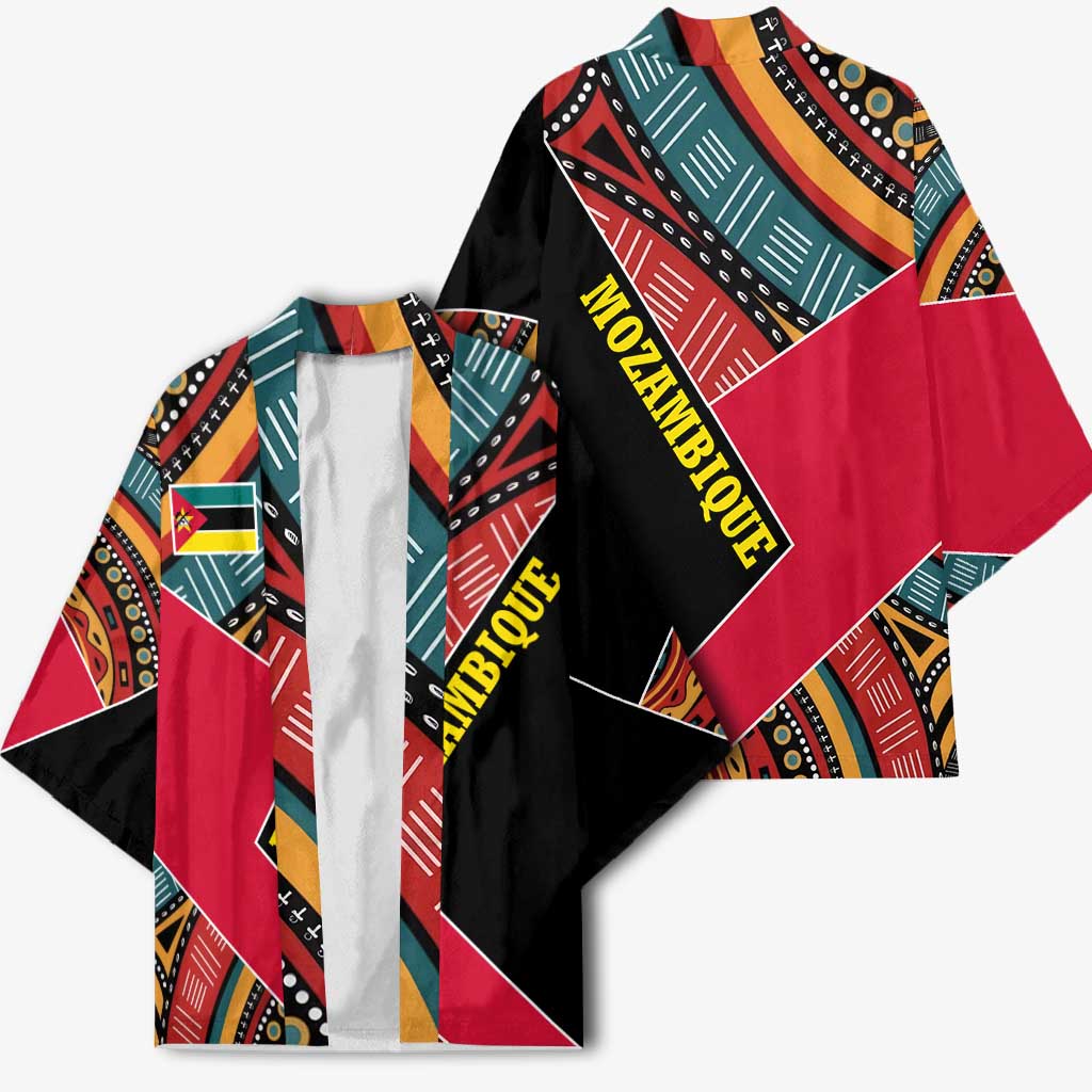 Mozambique Kimono with Red Black Geometric Design and Tribal Pattern - Wonder Print Shop