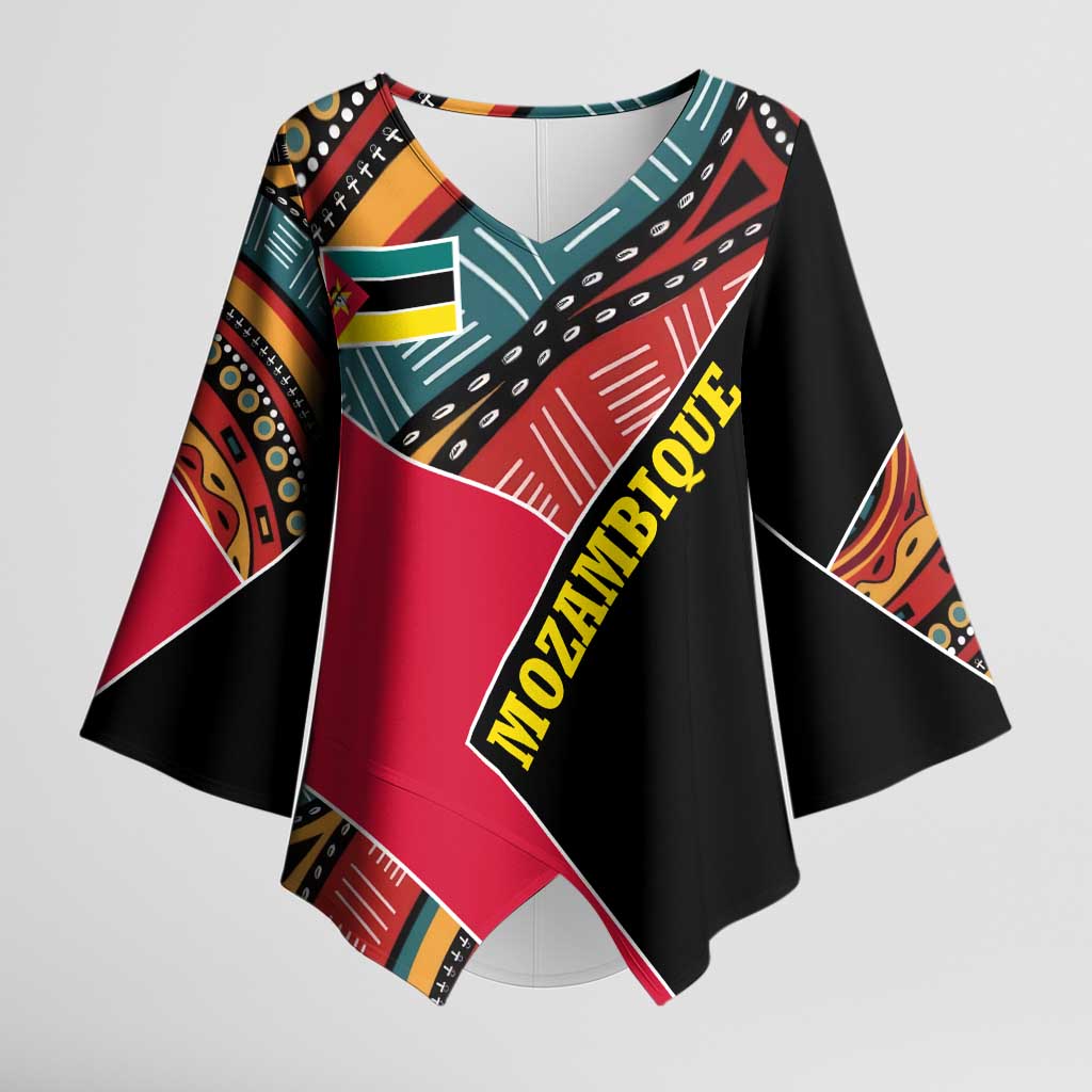 Mozambique Kimono Sleeve Blouse with Red Black Geometric Design and Tribal Pattern - Wonder Print Shop