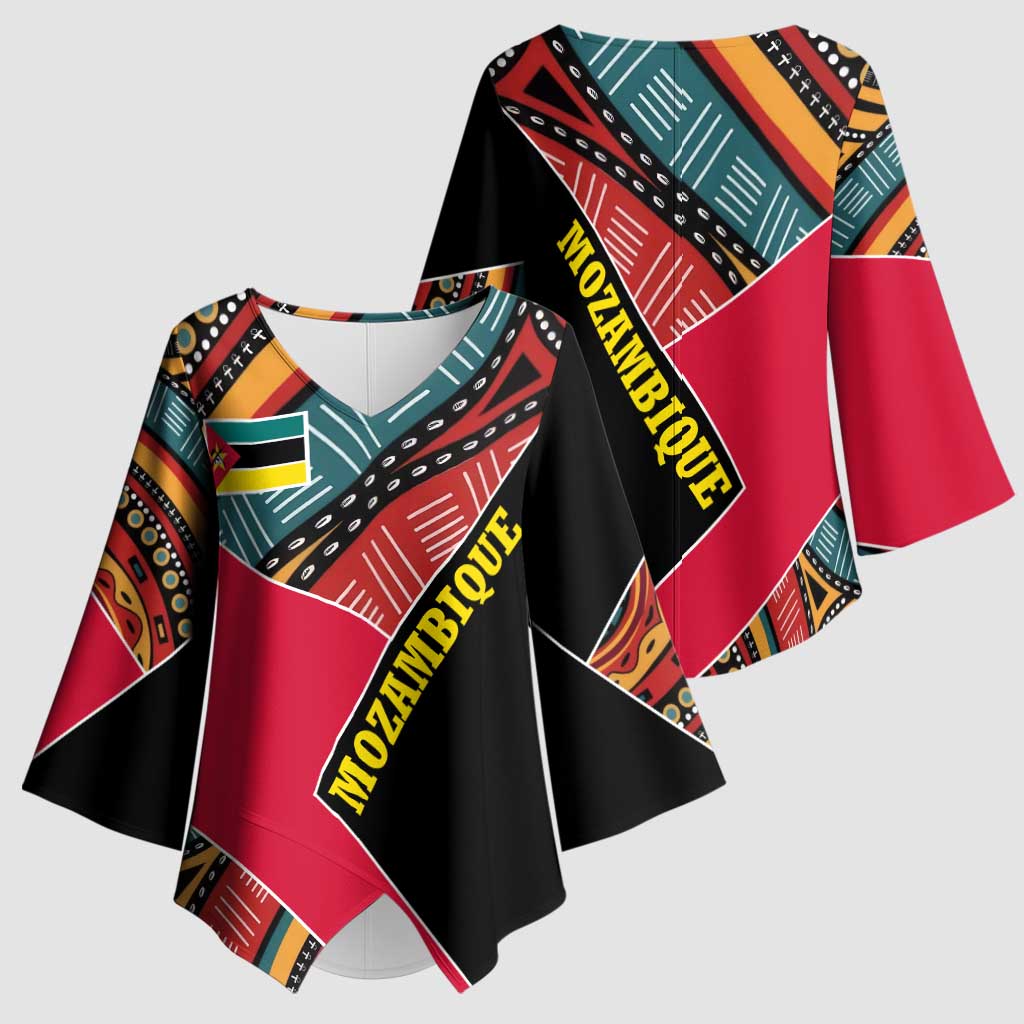 Mozambique Kimono Sleeve Blouse with Red Black Geometric Design and Tribal Pattern - Wonder Print Shop