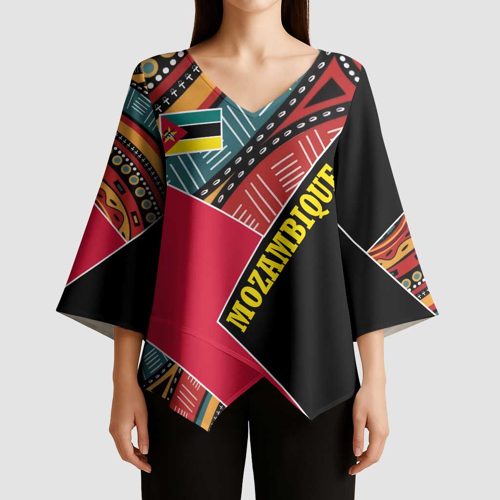 Mozambique Kimono Sleeve Blouse with Red Black Geometric Design and Tribal Pattern - Wonder Print Shop