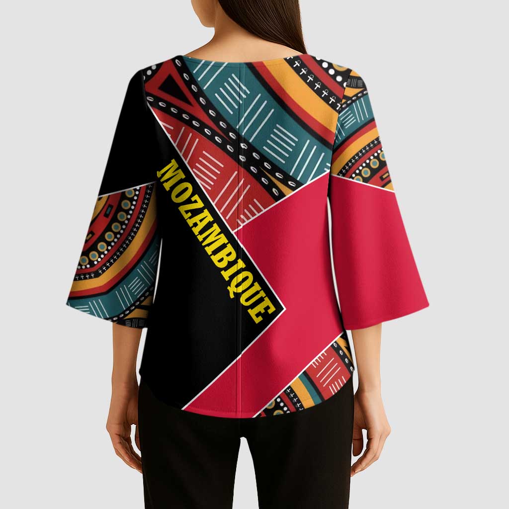 Mozambique Kimono Sleeve Blouse with Red Black Geometric Design and Tribal Pattern - Wonder Print Shop
