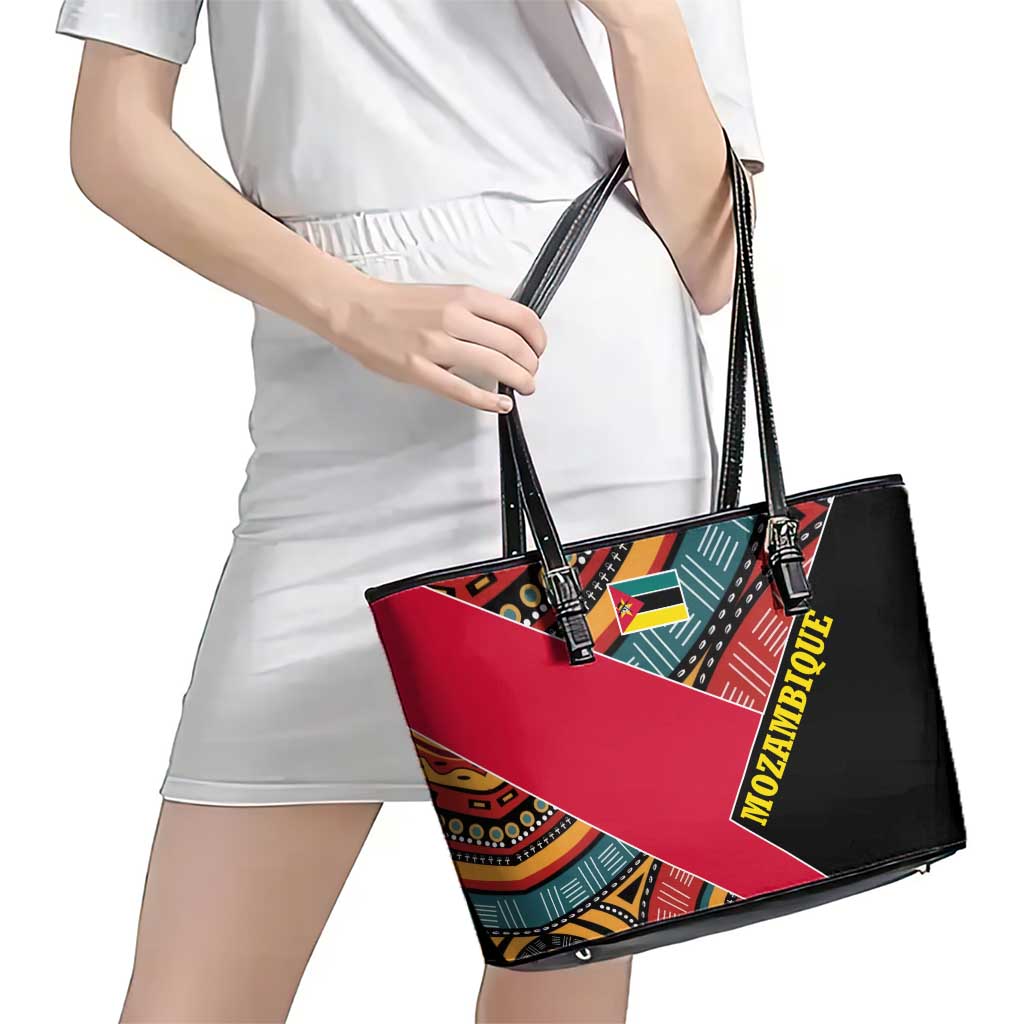 Mozambique Leather Tote Bag with Red Black Geometric Design and Tribal Pattern - Wonder Print Shop